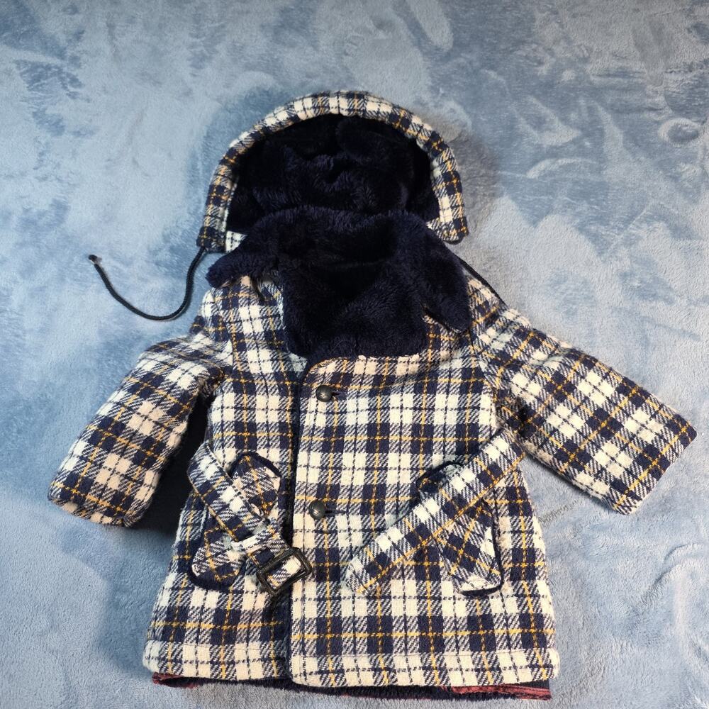 Vintage Sears Toddler Plaid Winter Coat Size 2 Faux Fur Lined Hood Belted